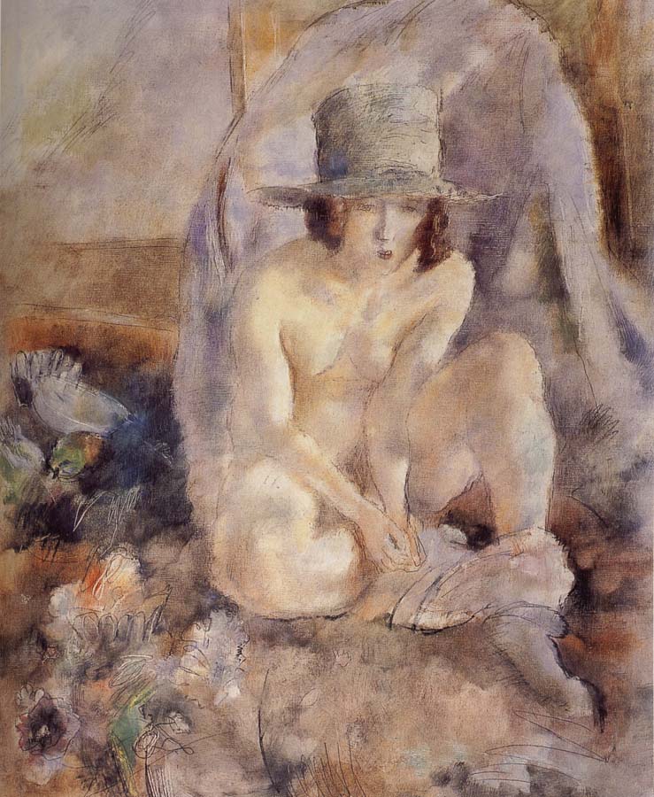 Nude female wearing green hat